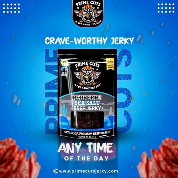 Prime Cuts Peppered Sea Salt Beef Jerky | USDA Prime Brisket | Classic Black Pepper and Sea Salt Flavor | High-Protein Low-Fat Snack | No Artificial Ingredients | Perfect Anytime