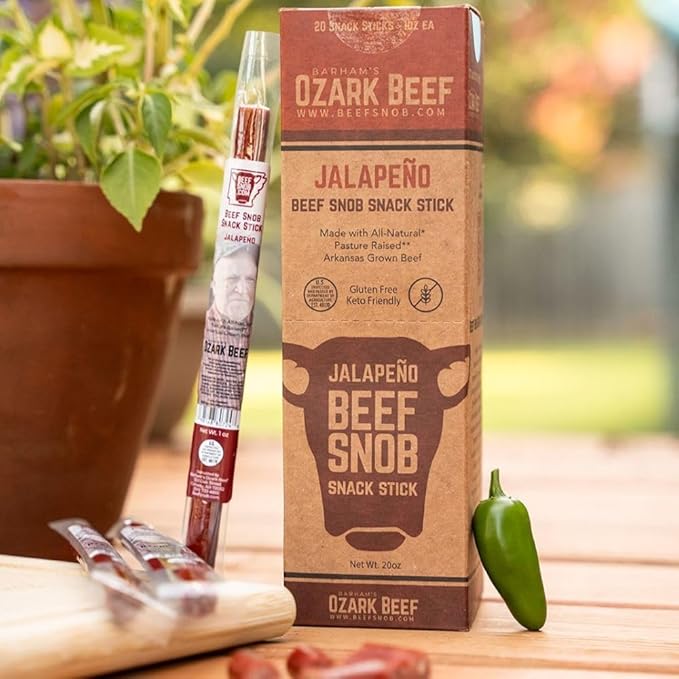 Beef Snob Snack Sticks - Jalapeño Flavor - 1 Ounce Snack - 20 Meat Sticks Per Box - High Protein Snack Sugar Free Snack Keto Friendly Gluten Free Jerky Sticks