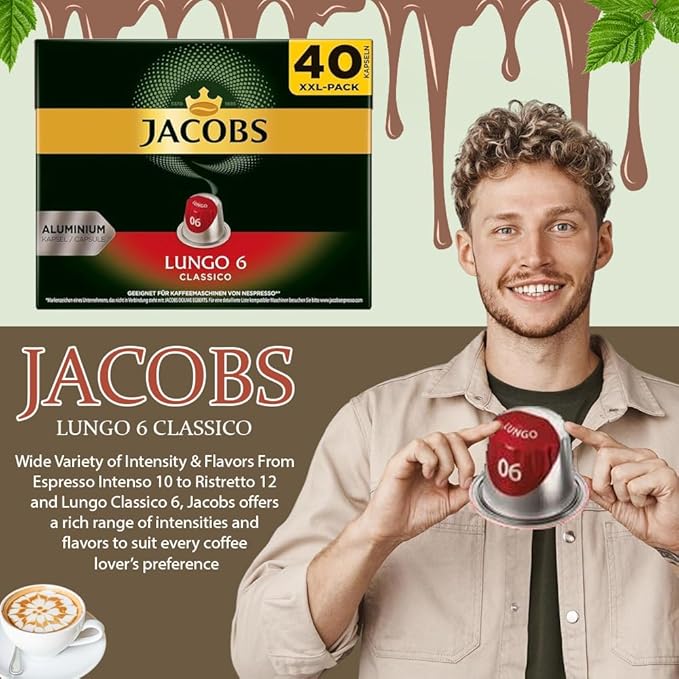 Jacobs Lungo 6 Classico 5x40 CAPSULES Coffee Capsules Compatible with (049 USD/1 CAP)