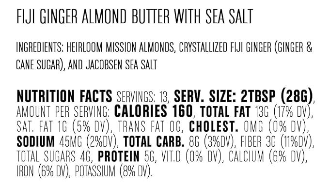 Big Spoon Roasters Fiji Ginger Almond Butter with Sea Salt - Keto Friendly Low Sugar Almond Butter - Crunchy &amp Bee-Friendly Almonds - Gourmet &amp Pure Almond Nut Butter - 2 x 13 Ounces