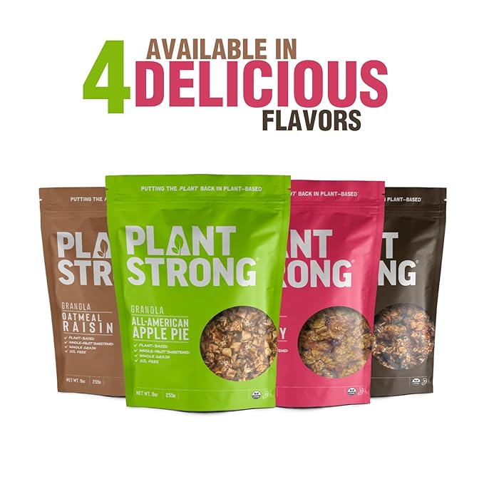 PLANTSTRONG Crispy Mixed Berry Crumble Granola – Whole Grain Oil-Free Granola with Blueberries &amp Raspberries Sweetened Only with Dates Made from Whole Plants Crunchy Breakfast or Snack (4-Pack