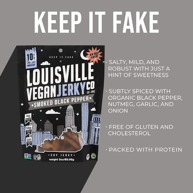 Louisville Vegan Jerky - Smoked Black Pepper Vegan and Vegetarian Meat 19 Grams of Non-GMO Soy Protein 310 Calories per Bag Gluten-Free High Protein Vegan Snacks - 3 oz 10 Pack
