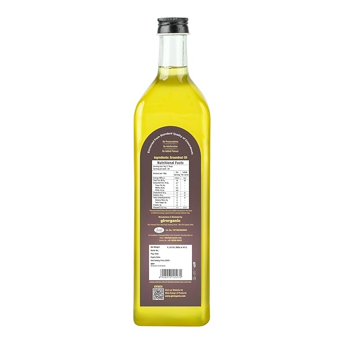 GirOrganic Wood Pressed Peanut oil | Kacchi Ghani | Virgin | Unrefined Groundnut Oil | Cold Pressed | 100% Natural Cooking Oil (33 oz)