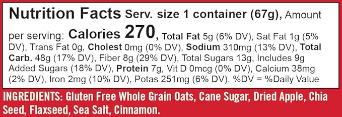Bob's Red Mill GF Oatmeal Cup Apple &amp Cinnamon 2.36 Ounce Cup (Pack of 8) Gluten Free Non-GMO Whole Grain Kosher