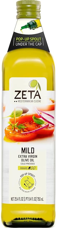 Zeta Extra Virgin Olive Oil 25.3 fl oz | Premium Glass Bottle with Pop-Up Spout | Cold-Pressed | Product of Spain | Ideal for Baking Cooking Grilling Roasting Pasta &amp Salads