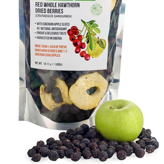 Siberian Green Whole Red Hawthorn Dried Berries 400g (14.11oz) Wild Harvested Crataegus Sanguinea from Altai with Apples slices as antioxidant
