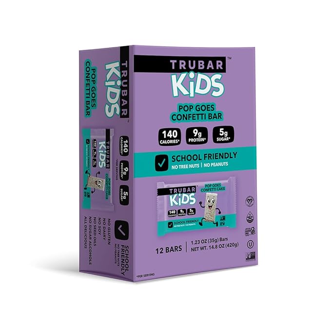 TRUBAR Kids Protein Bars Pop Goes Confetti Plant Based Protein Gluten Free School-Friendly Snacks for Lunchboxes Tree Nut and Peanut Free Low Sugar Healthy On the Go Snack Bars 12 Count