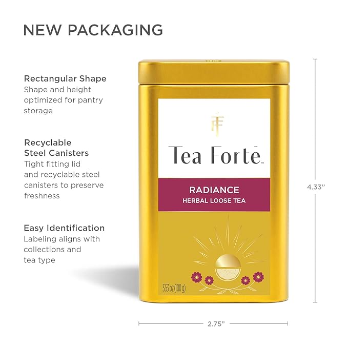 Tea Forte Radiance Premium Loose Leaf Caffeine-Free Herbal Tea Blend Canister Makes 35-50 Cups