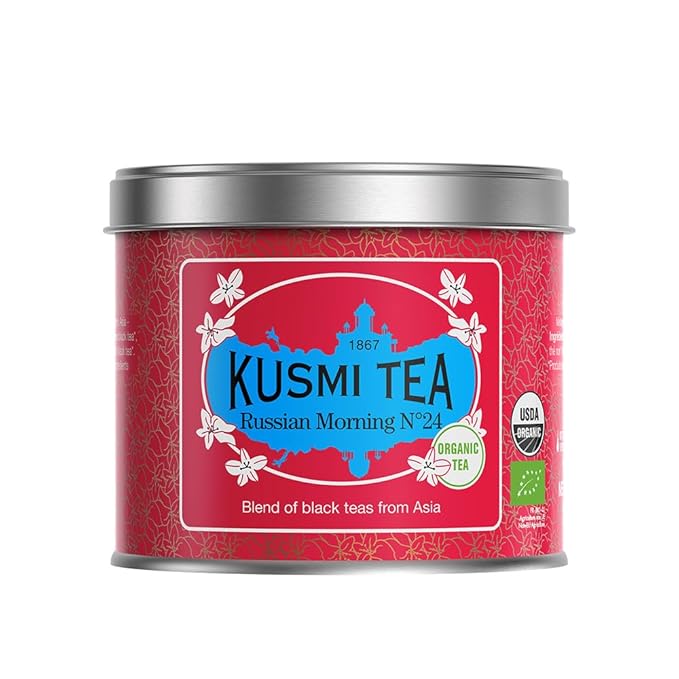 Kusmi Tea - Russian Morning No.24 - Organic Black Tea - Blend of Asian Black Teas - Grand Yunnan Ceylon &amp Assam - Smooth Flavourful Caffeinated Tea - Loose Leaf Tea - Tin Box of 3.5 oz