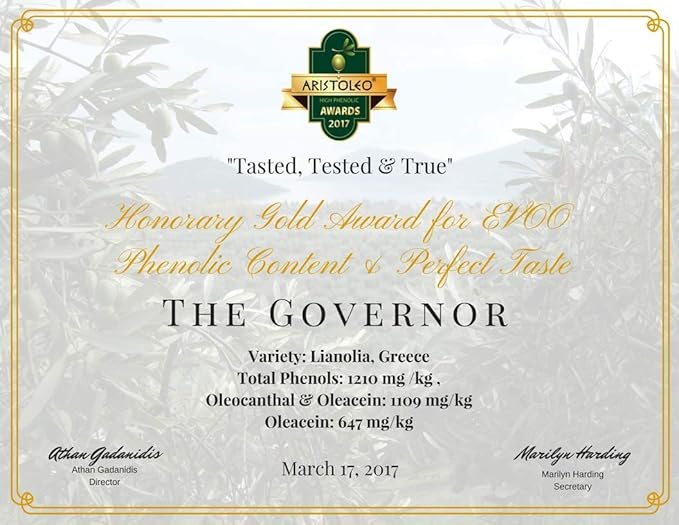 The Governor Limited Edition Extra Virgin Olive Oil - Unfiltered Cold-Pressed Early Harvest Single Origin - Peppery Robust Spicy Notes - Packed with Polyphenols (1478 mg/kg) Oleocanthal Antioxi