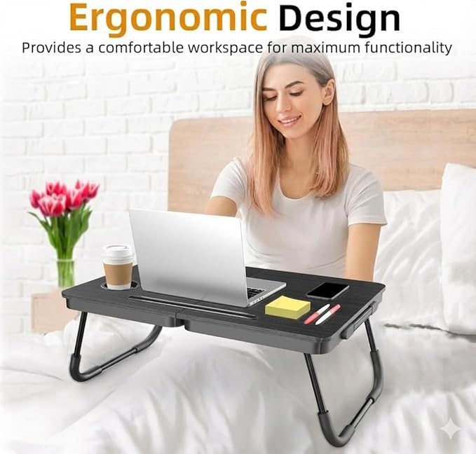 BUYIFY Foldable Laptop Bed Desk for Couch Sofa - Large Lap Desk Tray Table with Cup Holder and Tablet Slot - Portable Notebook Stand for Eating Writing Studying and WFH -NEW-006