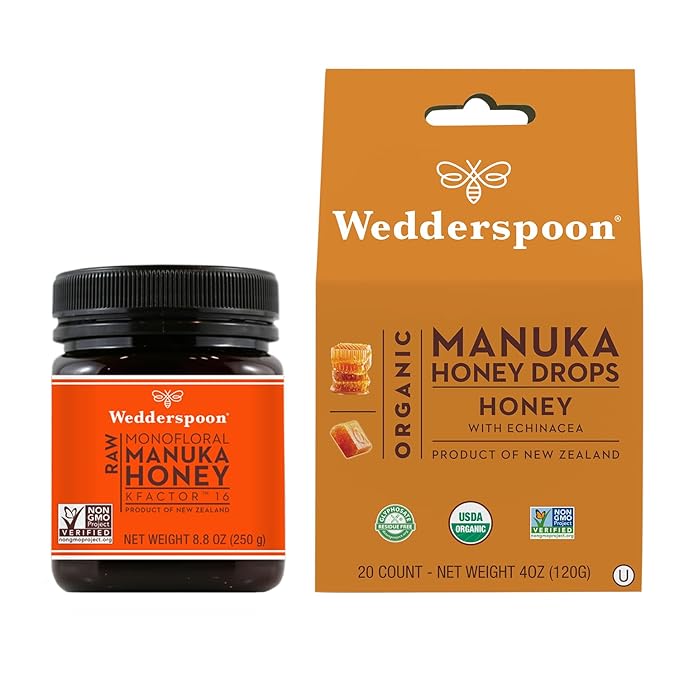 Wedderspoon Raw Premium Manuka Honey KFactor 16 (8.8 Oz Pack of 1) and Manuka Honey Drops Honey &amp Echinacea (20 Count Pack of 1) - Genuine New Zealand Honey Perfect Remedy For Dry Throats