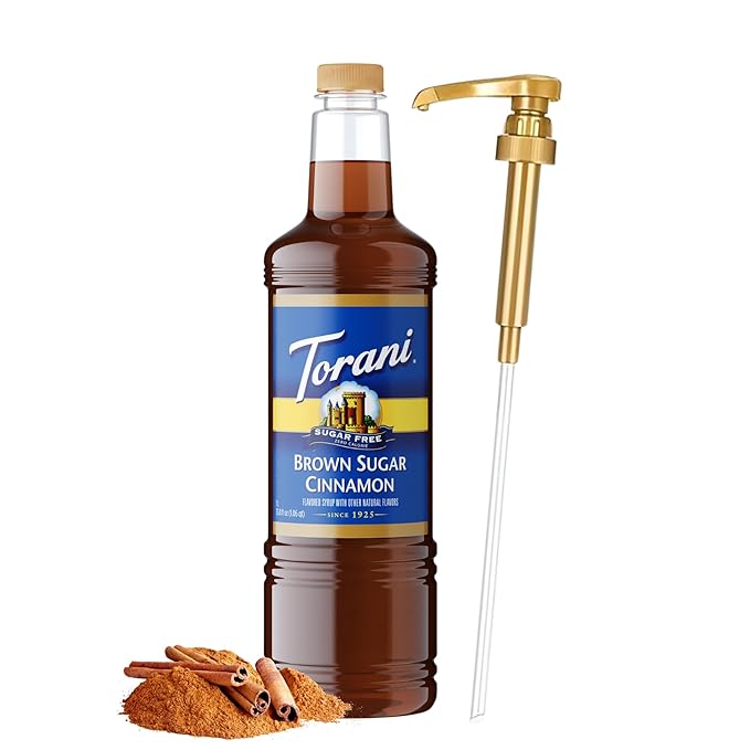 Torani Sugar Free Brown Sugar Cinnamon Coffee Syrup 1 Liter Bottle with Pump Dispenser – Zero Calorie Flavored Syrup for Lattes Cold Brews Teas Cocktails &amp Desserts – Keto Friendly