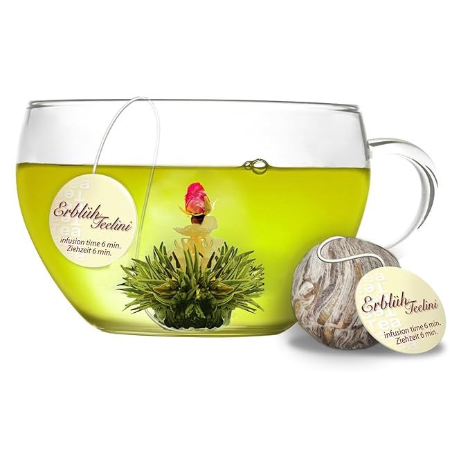 Creano Tea Flowers in Cup Size - Gift Set in Wooden Box - 12 Blooming Green Tea in 4 Varieties - Gift for Women Mother Tea Lovers