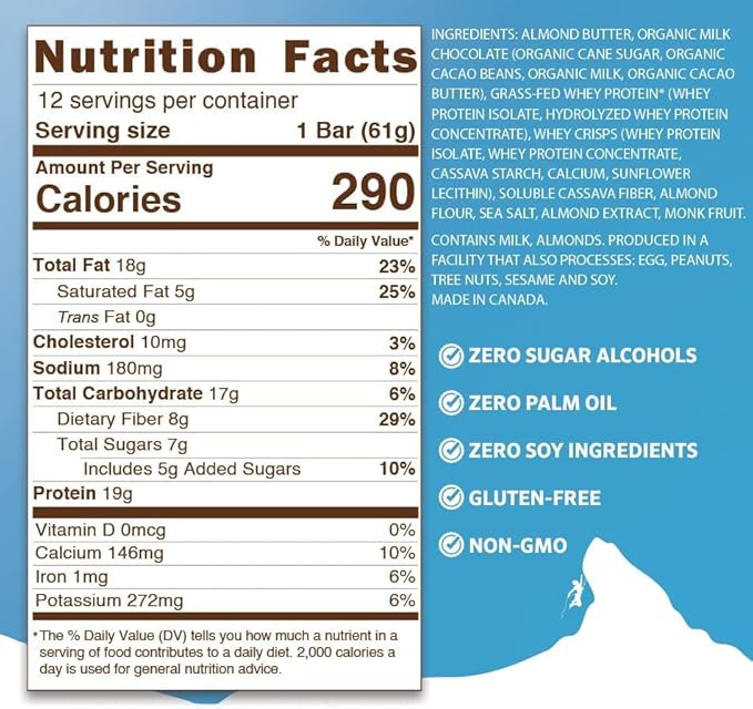 PEAK PROTEIN BARS Grass-Fed Whey 20G Protein Gluten Free Almond Butter 2.2 oz (Pack of 12)