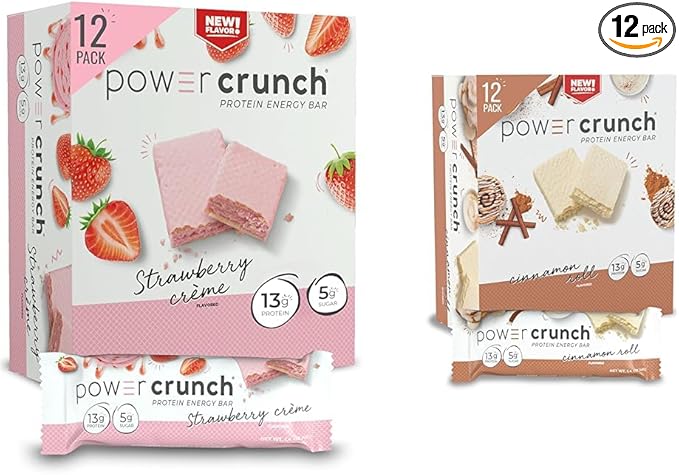 Power Crunch Protein Wafer Bars High Protein Snacks Strawberry Crème &amp Cinnamon Roll 1.4 Ounce (12 Count) Bundle