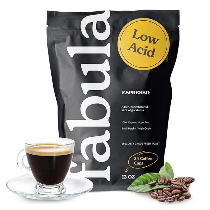 Fabula Low Acid Coffee Beans Whole Organic Espresso Coffee - Non-GMO - No Molds - Mycotoxins Pesticides Free - Single Origin Coffee - 12 Oz