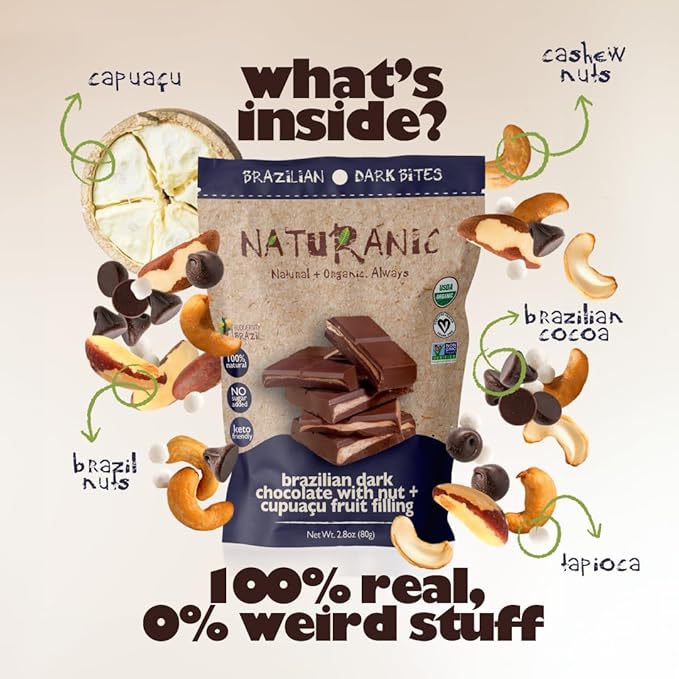 Naturanic Brazilian Dark Chocolate Bar Cupuaçu and Nuts Filling Sugar Free Keto Friendly Vegan Organic Non-GMO Gluten Free - Pack of 2