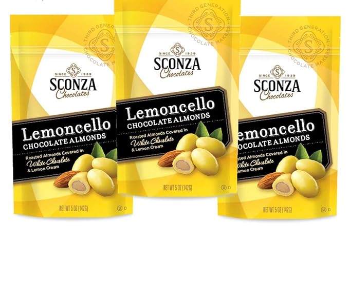 Sconza Lemoncello Lemon Cream &amp White Chocolate Almonds | Inspired by Italy's Lemon Groves | Made in the USA | Pack of 3 (5 Ounce Each)