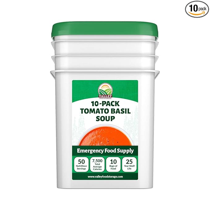 Valley Food Storage Tomato Basil Soup | 10-Bag Bucket 50 Servings | Premium Emergency Food Supply with 25 Year Shelf Life | Survival Meal Kits Prepper Food Camping &amp Off-Grid Living Supplies |