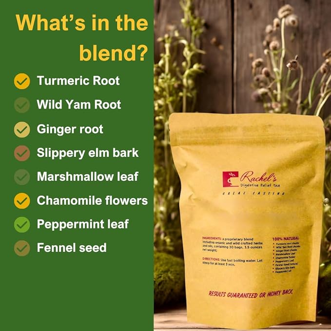 Rachel's Tea: Turmeric Wild Yam Ginger Marshmallow Chamomile Peppermint Fennel Slippery Elm: 30 bags 60 cups
