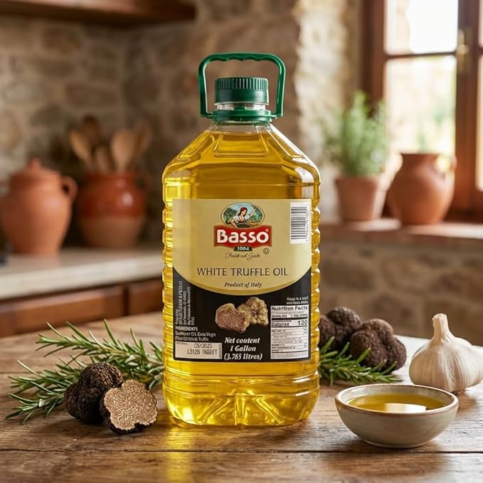 BASSO 1904 Black Truffle Infused Oil – Bulk 1 Gallon (3.785L) – Italian Extra Virgin Olive Oil with Truffle Aroma – Non-GMO Gourmet Finishing Oil for Pasta Risotto &amp Pizza – Product of Italy