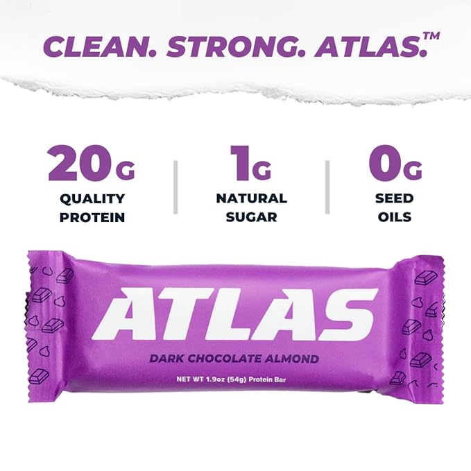 Atlas Real Food Protein Bar – 20g Clean Protein 1g Sugar No Seed Oils No Artificial Sweeteners (Dark Chocolate Almond 24 Count)