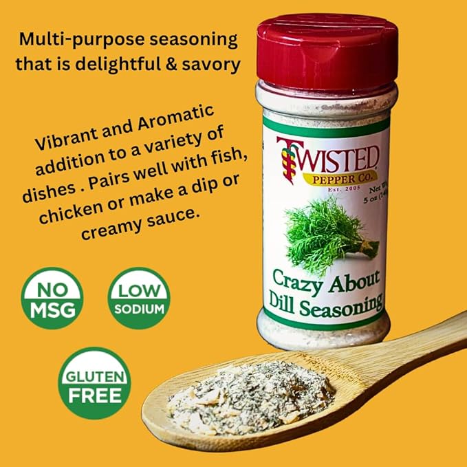 Twisted Pepper Co. Handcrafted Premium Seasonings Crazy About Dill Low Sodium No MSG Gluten Free 5 oz. bottles Great on fish chicken make a fish sauce or sour cream dip