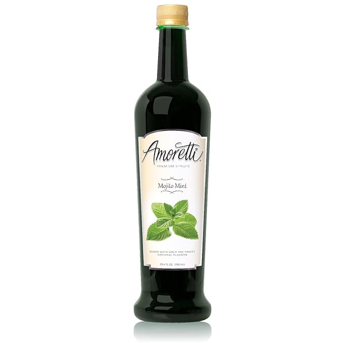 Amoretti - Premium Mojito Mint Syrup 94 Servings Per Bottle (750 ml) with Pump for Flavoring Coffees Cocktails and other Beverages Gluten Free GMO/GEO Free Preservative Free