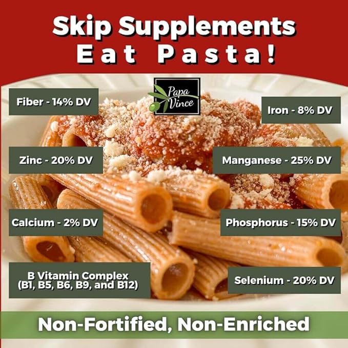 Papa Vince Organic Whole Wheat Non Enriched Rigatoni: Low Gluten Italian Pasta made in Italy from Organic Non GMO Khorasan Ancient Grain grown in Sicily. Slow Dried Bronze Die Cut. High in Selenium &a