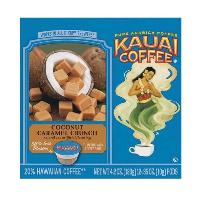 Kauai Coffee | Coconut Caramel Crunch Flavor | Arabica Coffee | 12 PODS
