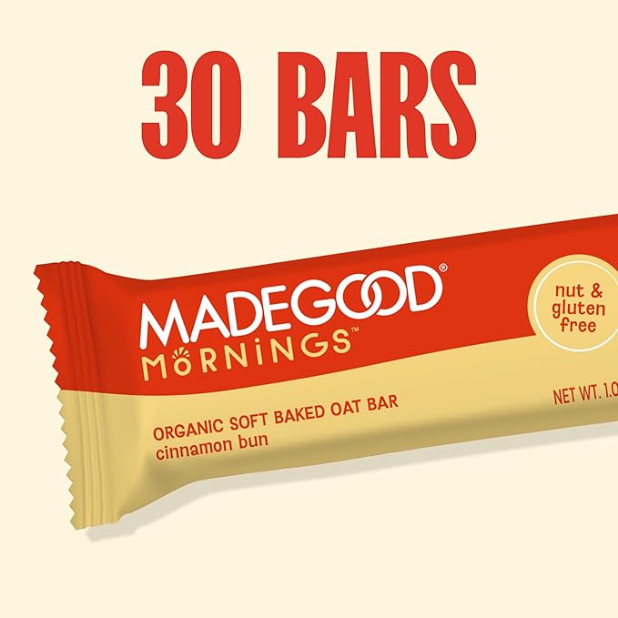 MadeGood Mornings Soft Baked Breakfast Bars Cinnamon Bun 1.06 Oz (30 Count) Gluten Free Snacks