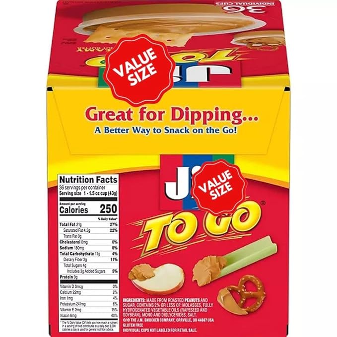 Jiff To-Go Creamy Peanut Butter Individual Cups with Spoons 36 Count Travel Size Snack Pack