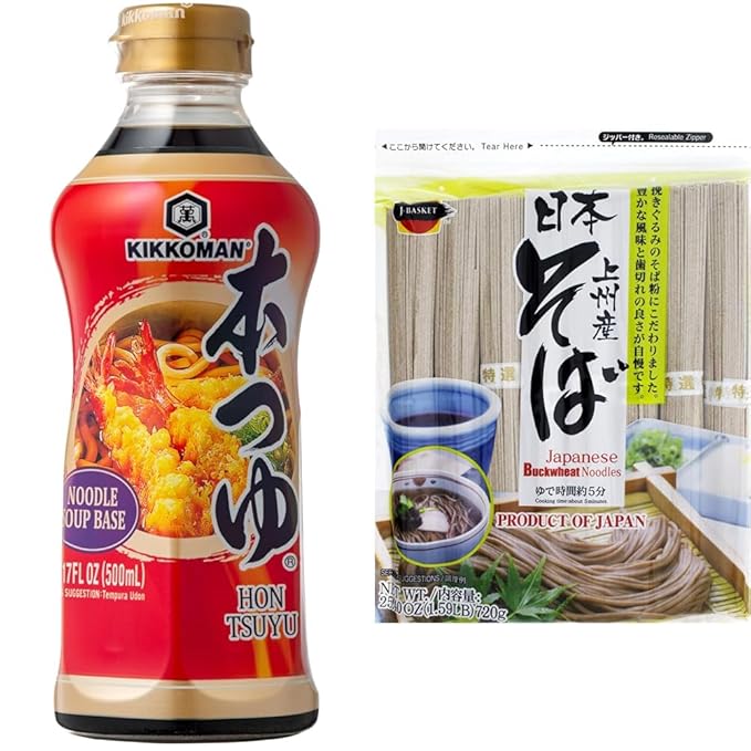 Kikkoman Japanese Noodle Soup Base Hon Tsuyu 17 FL Oz with J-BASKET Dried Buckwheat Soba Noodles 25.40 Ounce - Traditional Japanese Noodle Set