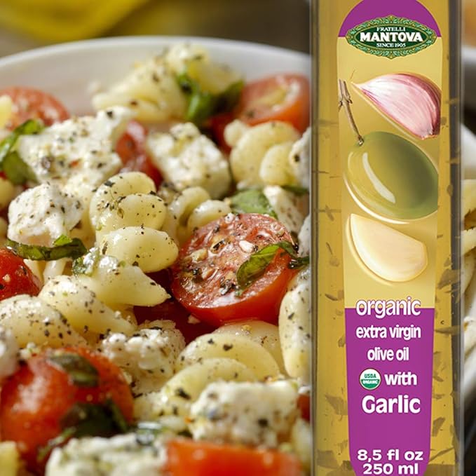 Mantova USDA Organic Garlic Extra Virgin Olive Oil (EVOO) Cold-Pressed Imported from Italy. Perfect for salad dressing vegetables pasta salad dipping Italian bread or pan frying 8.5 ounce