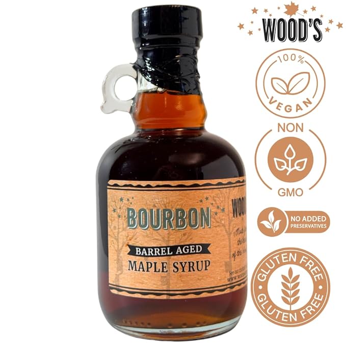 WOOD'S Vermont Bourbon Barrel Aged Maple Syrup – Premium Maple Syrup with Rich Flavor &amp Subtle Bourbon Notes – Ideal for Pancakes Desserts and Cocktails – 8.45 oz