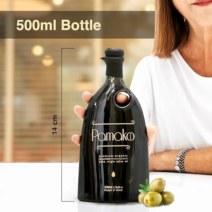 Pamako Ultra-Premium Monovarietal Mountain Organic Olive Oil | New Harvest 2024-5 | Cold Pressed Organic Evoo From Greece | 2090mg/kg (500 ml (16.9 oz))