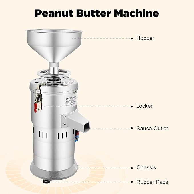Peanut Butter Machine1100W Commercial Nut Butter machine 33lbs/h Sesame Sauce Grinder Nut Butter Maker Stainless Steel &amp Aluminum Electric Grinding Maker for Soy Milk Sesame Paste