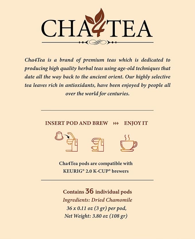 Cha4Tea 36-Count Pure Chamomile Herbal Tea Pods Compatible with Keurig Brewers - Bedtime/Sleep-well/Nightly Calm/Relaxing Tea