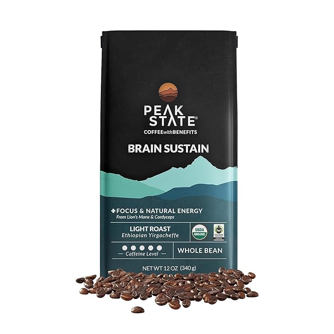 Peak State Brain Sustain Coffee with Benefits Light Roast – Mushroom Coffee Low Acid &amp Smooth Sweet Citrus &amp Lemon Organic Whole Bean Gluten Free 12 oz. Each
