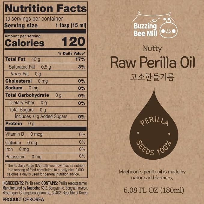 Korean Food Nutty Perilla Oil 6.1 fl oz (180 ml) – 100% Korean Perilla Seeds Lightly Roasted for Rich Toasted Flavor