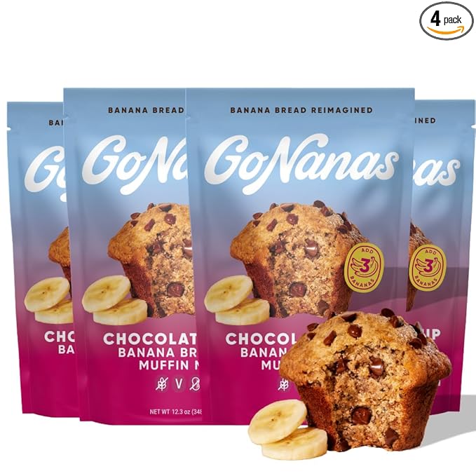 GoNanas Chocolate Chip Oat Flour Banana Bread Mix Suitable for Plant Based Vegan Diets Gluten Free Dairy Free Snacks Healthy Snacks For Adults Muffin Mix Nut Free Cupcakes Dessert NON-GMO 4pk