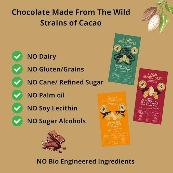 Cacao Adventures - 70% Ceremonial Grade Cacao Bar | Wild Strains | Natural | Ethically Sourced Sustainably Grown | (1.76 oz - Pack of 10)