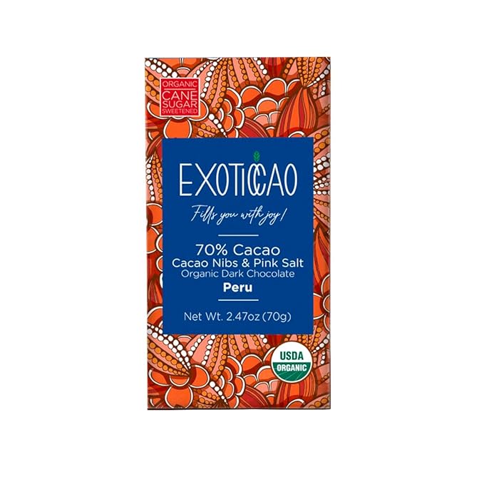 EXOTICCAO 8 Pack Cacao Nibs &amp Pink Salt Organic Dark Chocolate Bars|Cane Sugar|Gluten-Free Vegan Non GMODairy free Soy Free|70% Cacao|2.47 oz Each
