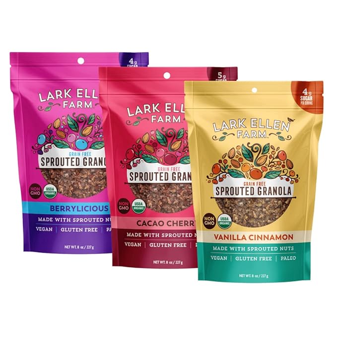 Lark Ellen Farm Vanilla Cinnamon Cacao Cherry Berrylicious Grain Free Granola Clusters Crunchy Gluten Free Bites for a Healthy Snack Healthy Breakfast Cereal or Yogurt 8 oz - 3 Count