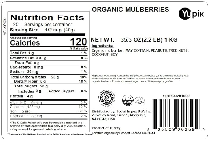 Yupik Organic Dried Mulberries 2.2 lb (35.2 oz) Dried Fruit Non-GMO Vegan Gluten-Free No Added Sugar Oil-Free Healthy Snacks Ideal for Baking &amp Topping