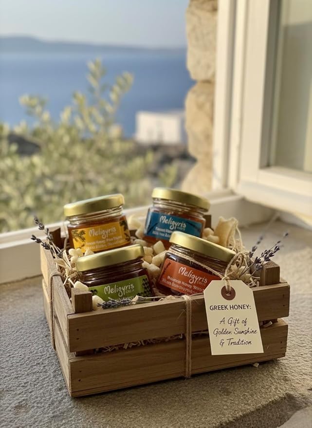 Meligyris Greek Honey Gift Set 4 Varieties Pack with Mountain Honey Pine Thyme Forest Honey Heath Organic Honey