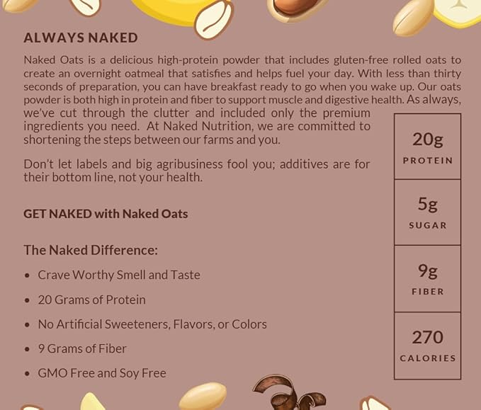 Naked Oats - Chocolate PB Banana Overnight Oats 20g Whey Protein Gluten-Free Oatmeal Instant Breakfast or Shake High Protein Oatmeal High Fiber Breakfast Shake Non GMO No Soy - 12 Servings