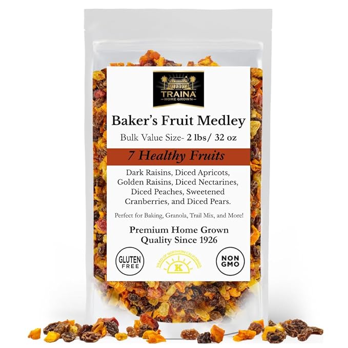 Traina Home Grown Baker’s Dried Fruit Medley - Raisins Apricots Peaches Nectarines Pears Sweetend Cranberries - Non GMO Gluten Free Vegan Healthy Real Fruit Snack in Resealable Pouch (2 lbs)
