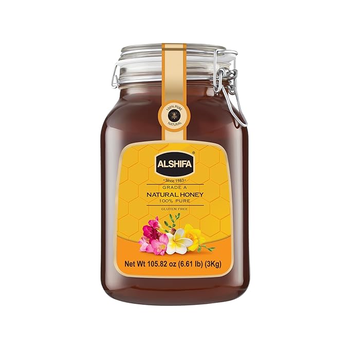 ALSHIFA Natural Honey 6.61lb (3kg) | Pack of 1 | Raw Pure &amp Unpasteurized | 100% Pure Wildflower Honey | Healthy &amp Rich in Nutrients | No Added Sugar | Glass Bottle